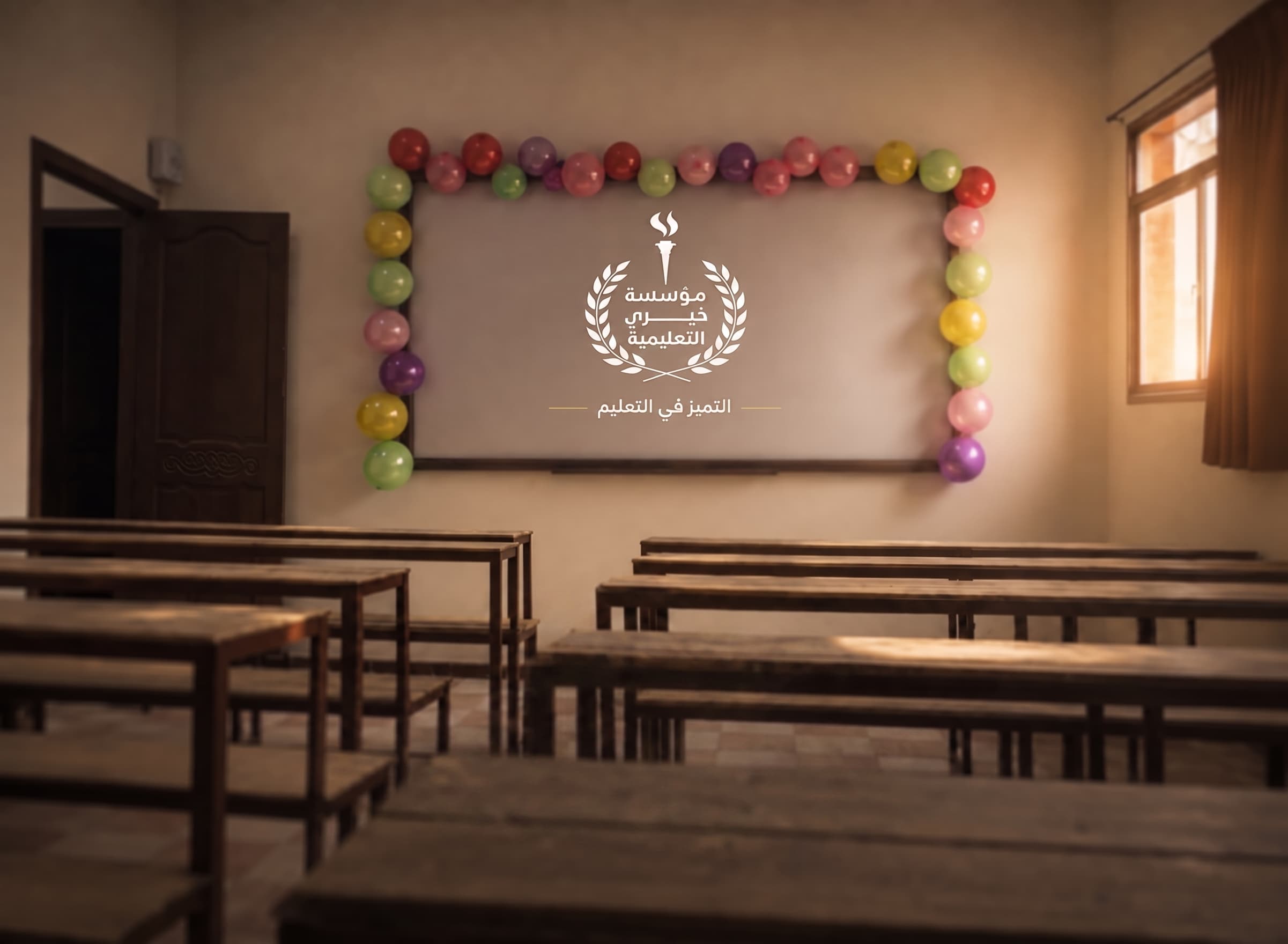 مدرّس يشرح على السبورة أمام قاعة ممتلئة بطلاب وطالبات المؤسسة